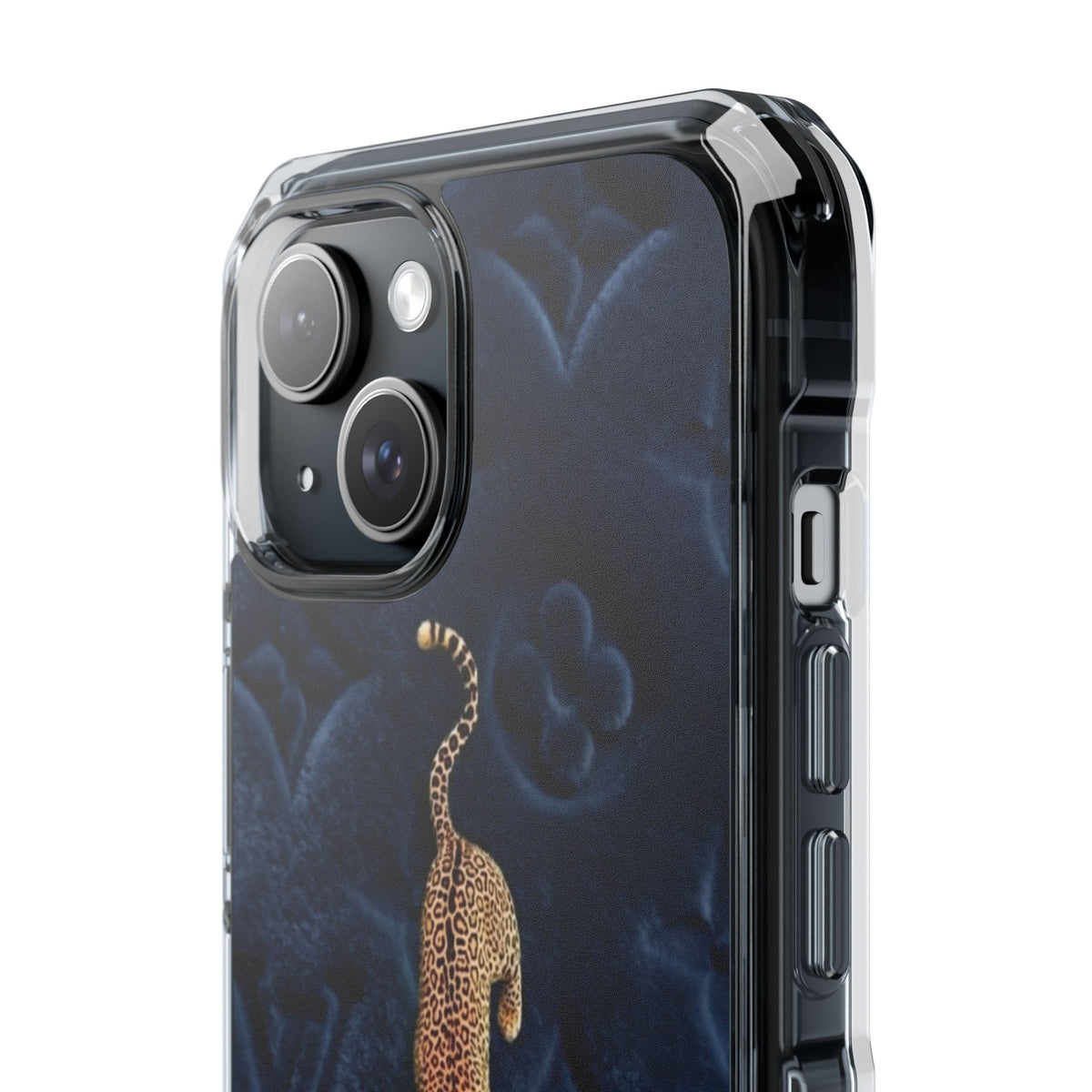 Coque Velours monogrammé bleu avec accent léopard
