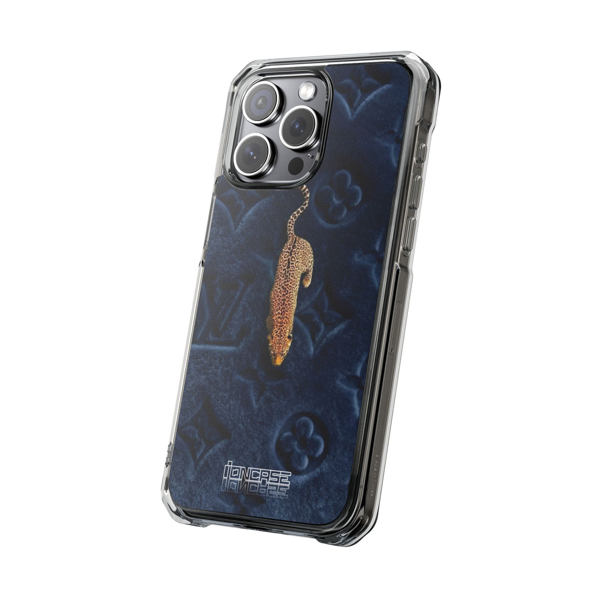 Coque Velours monogrammé bleu avec accent léopard