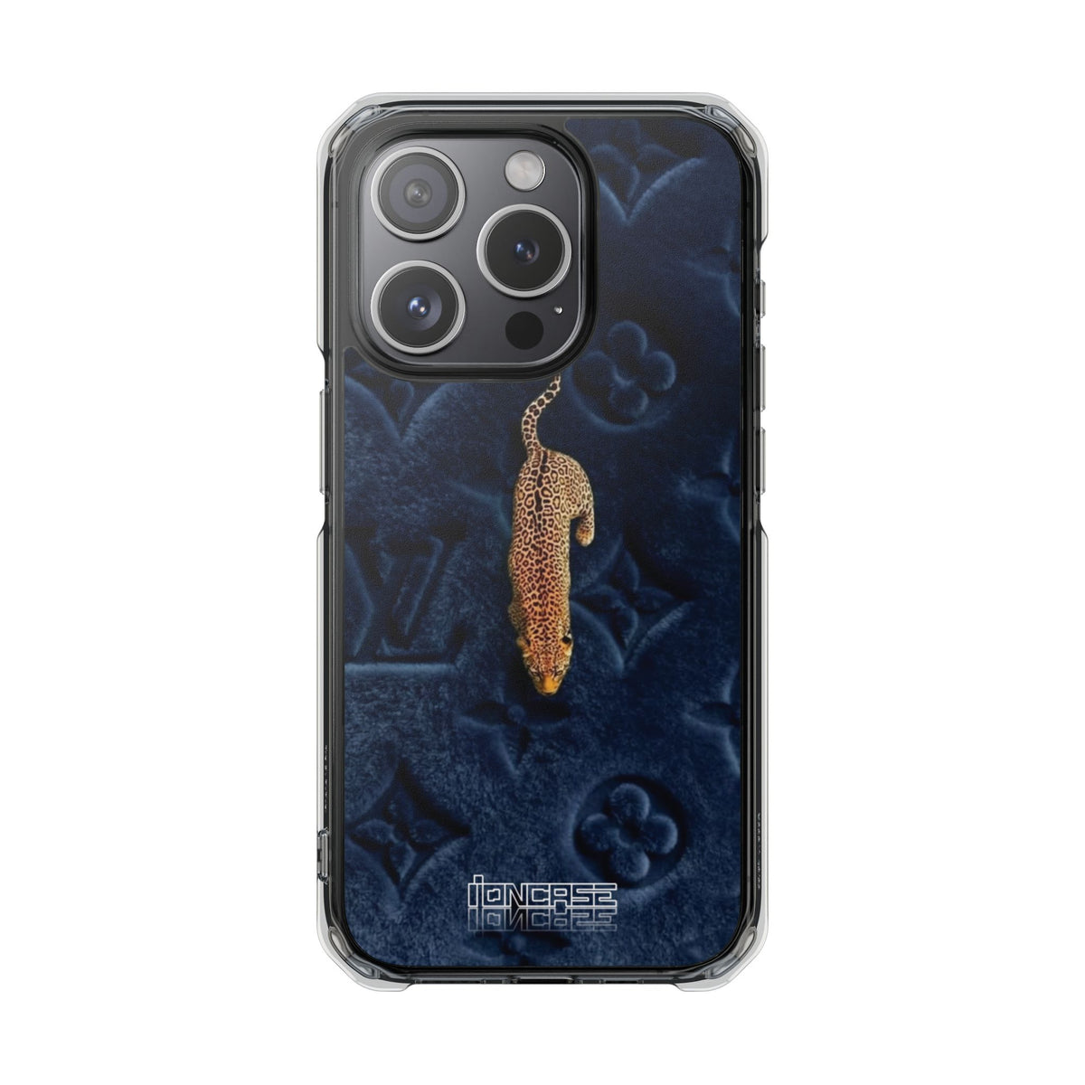 Coque Velours monogrammé bleu avec accent léopard
