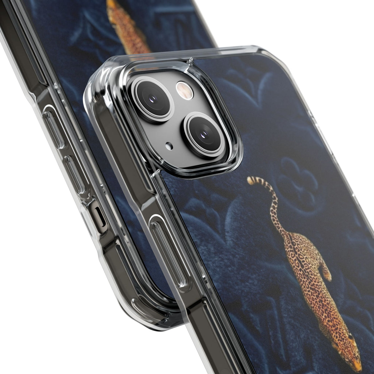 Coque Velours monogrammé bleu avec accent léopard