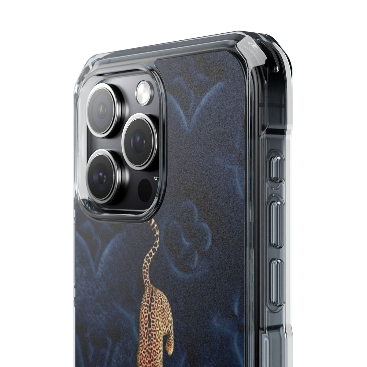Coque Velours monogrammé bleu avec accent léopard