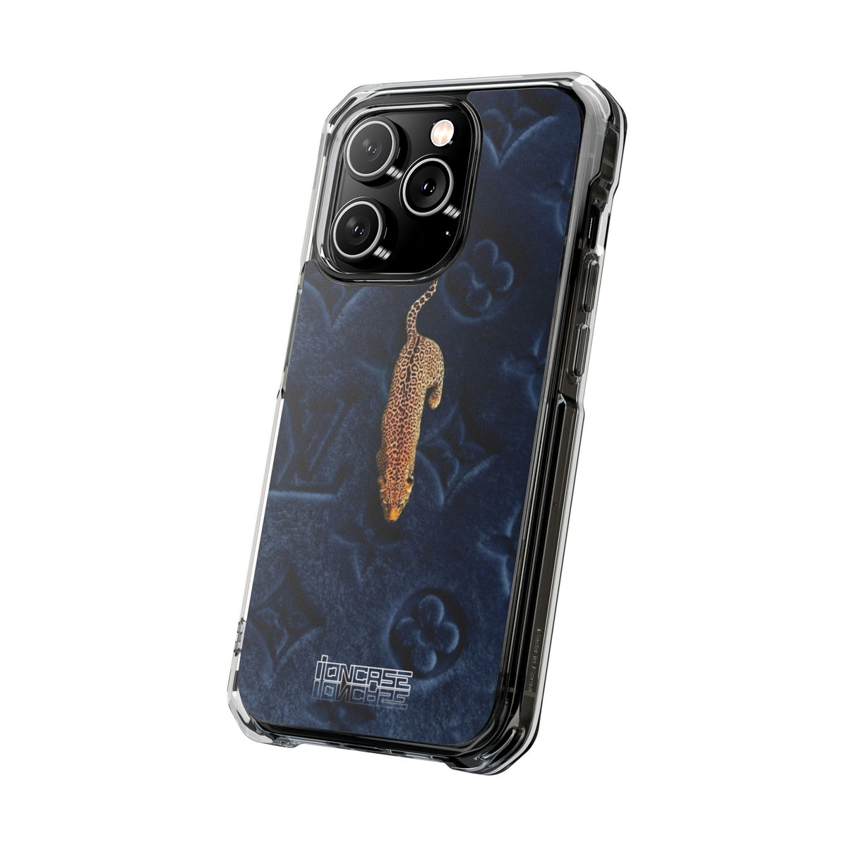 Coque Velours monogrammé bleu avec accent léopard