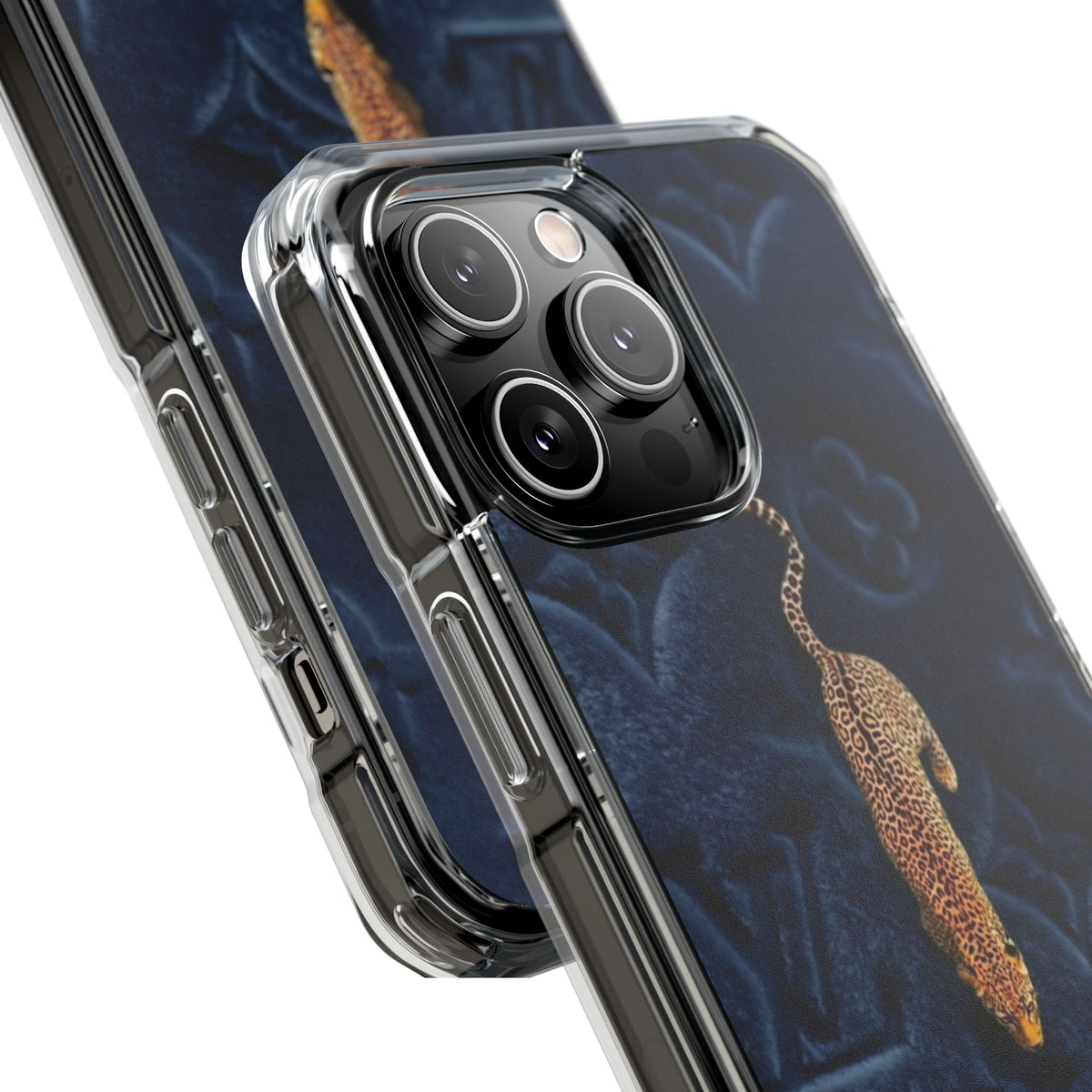 Coque Velours monogrammé bleu avec accent léopard