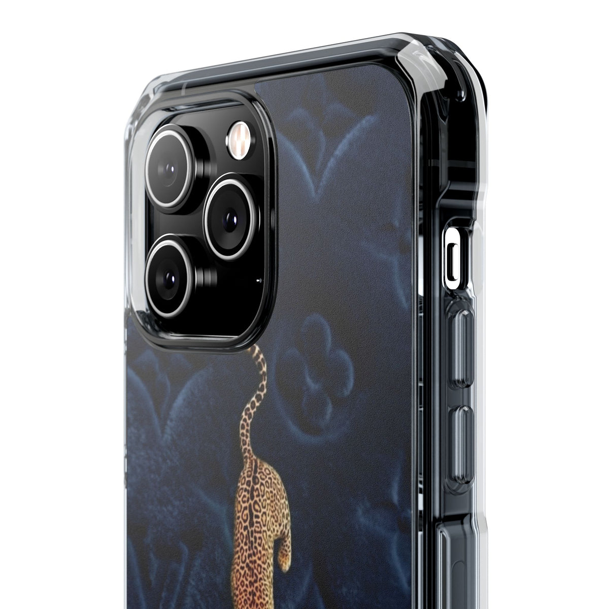 Coque Velours monogrammé bleu avec accent léopard