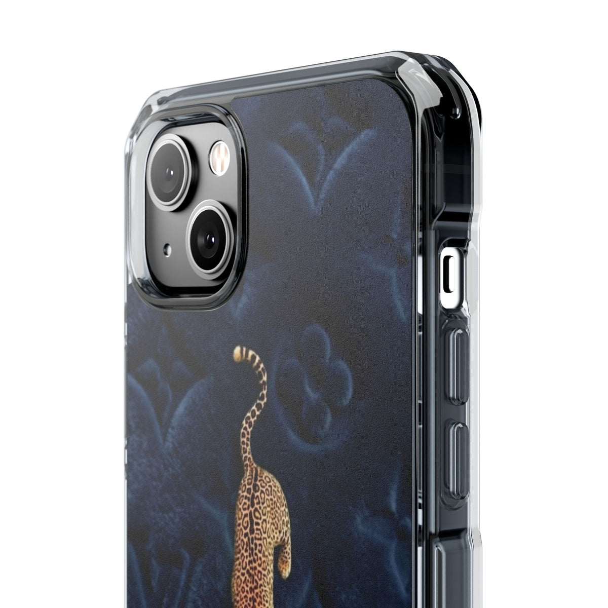 Coque Velours monogrammé bleu avec accent léopard