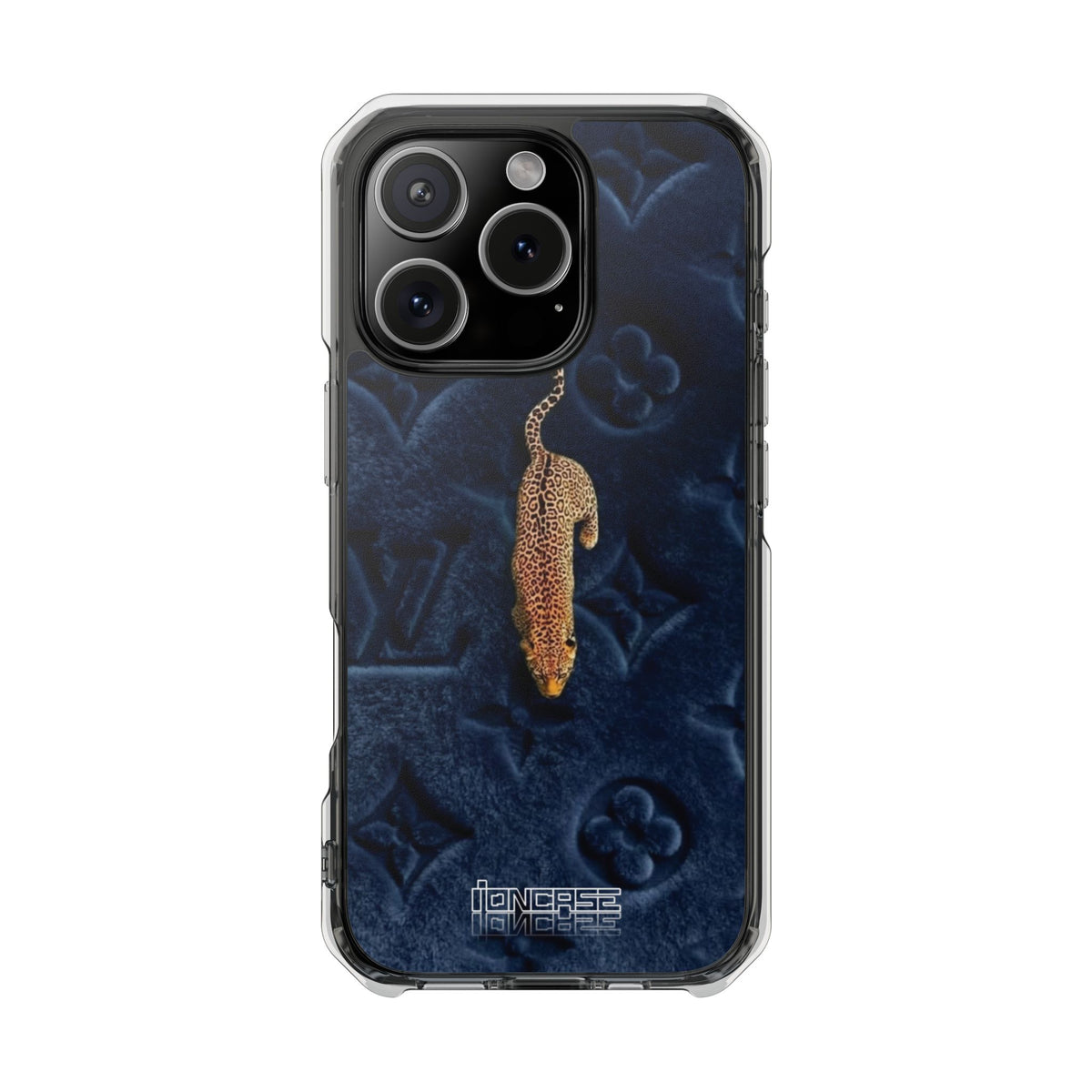 Coque Velours monogrammé bleu avec accent léopard