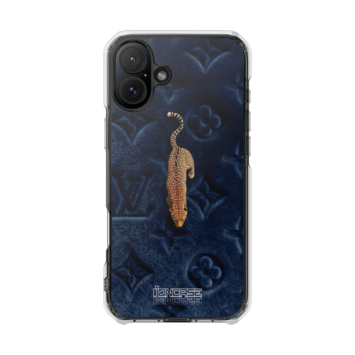 Coque Velours monogrammé bleu avec accent léopard