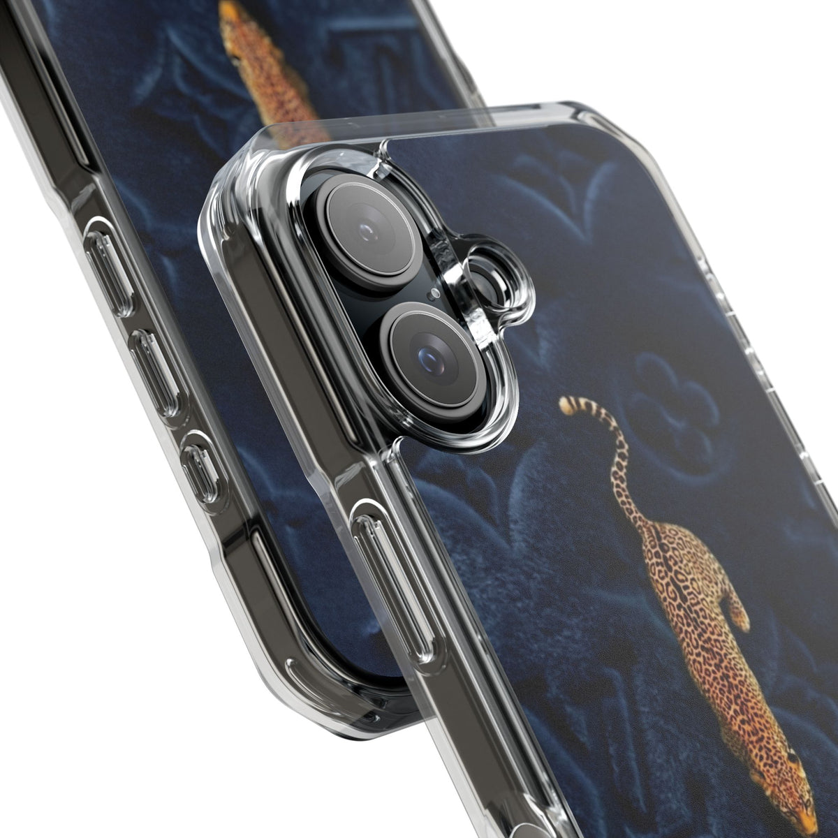 Coque Velours monogrammé bleu avec accent léopard