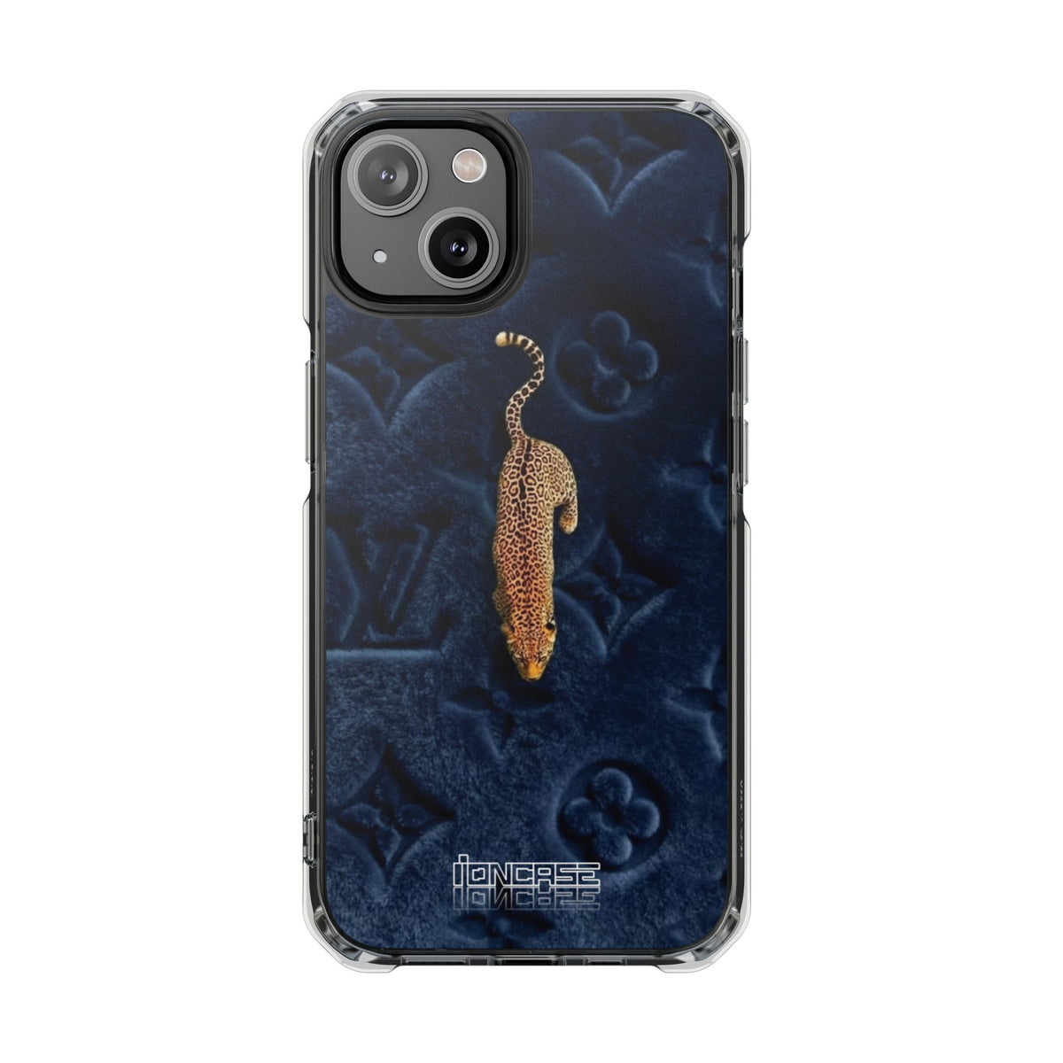 Coque Velours monogrammé bleu avec accent léopard