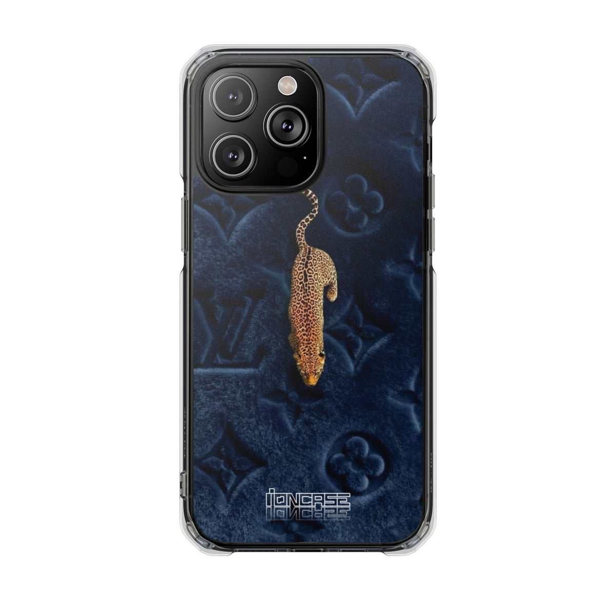 Coque Velours monogrammé bleu avec accent léopard