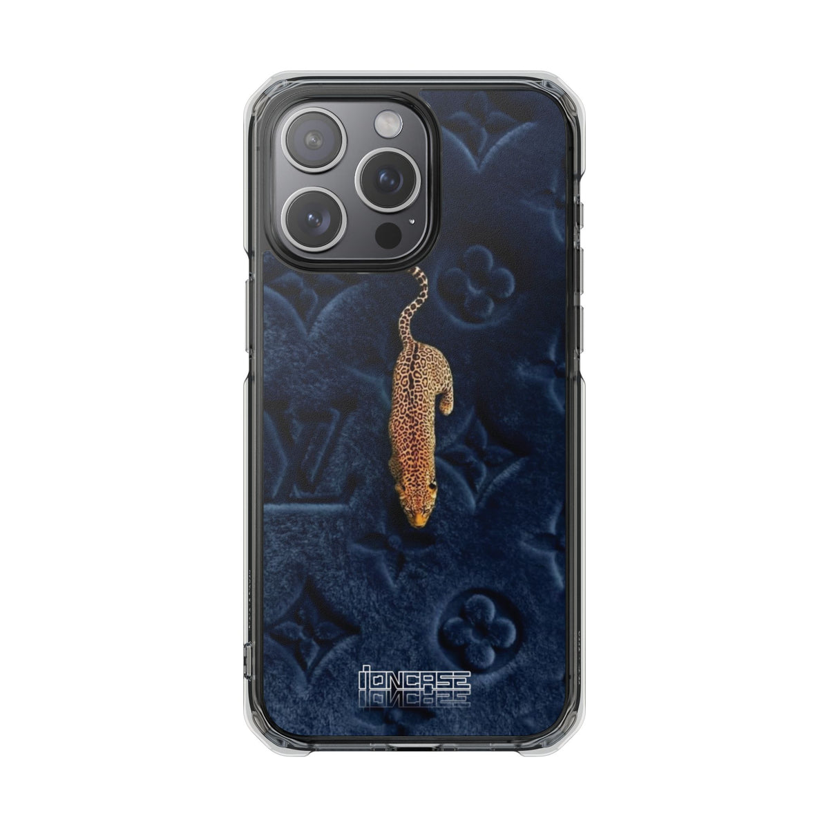 Coque Velours monogrammé bleu avec accent léopard