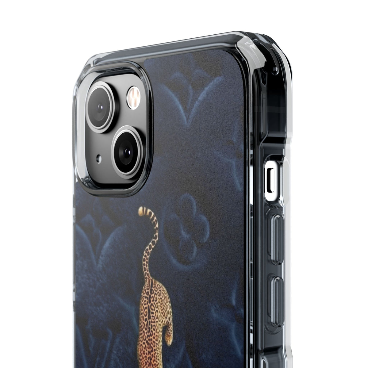 Coque Velours monogrammé bleu avec accent léopard