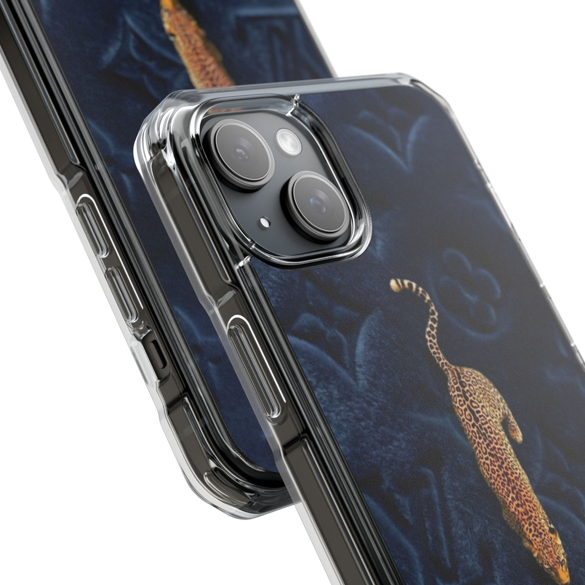 Coque Velours monogrammé bleu avec accent léopard