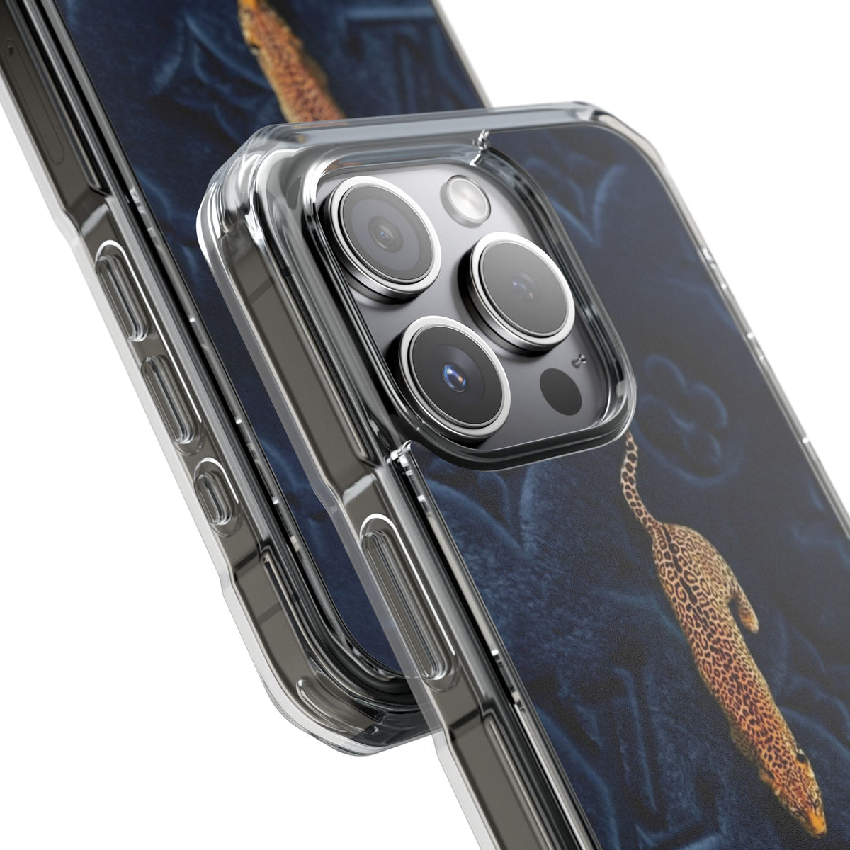 Coque Velours monogrammé bleu avec accent léopard