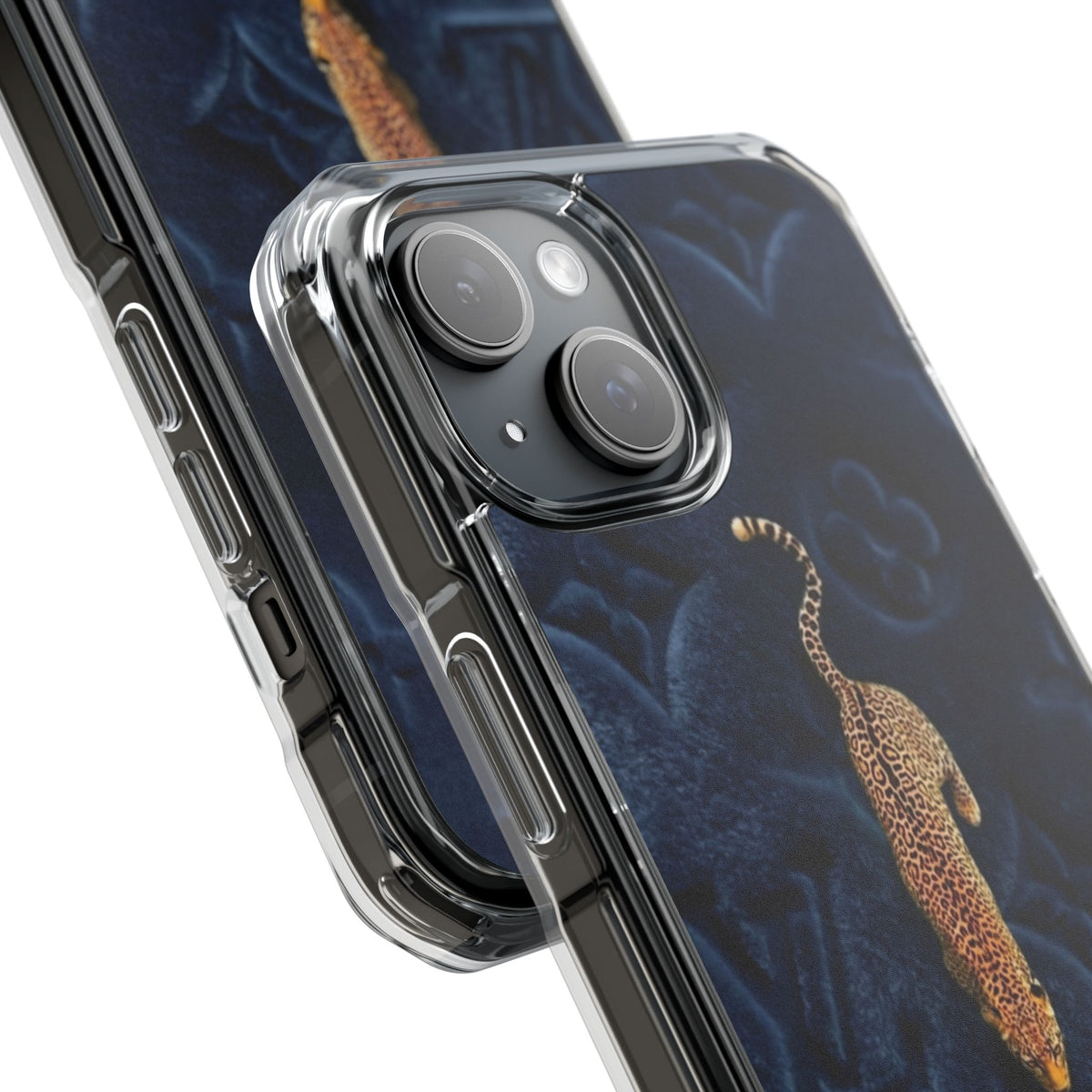 Coque Velours monogrammé bleu avec accent léopard