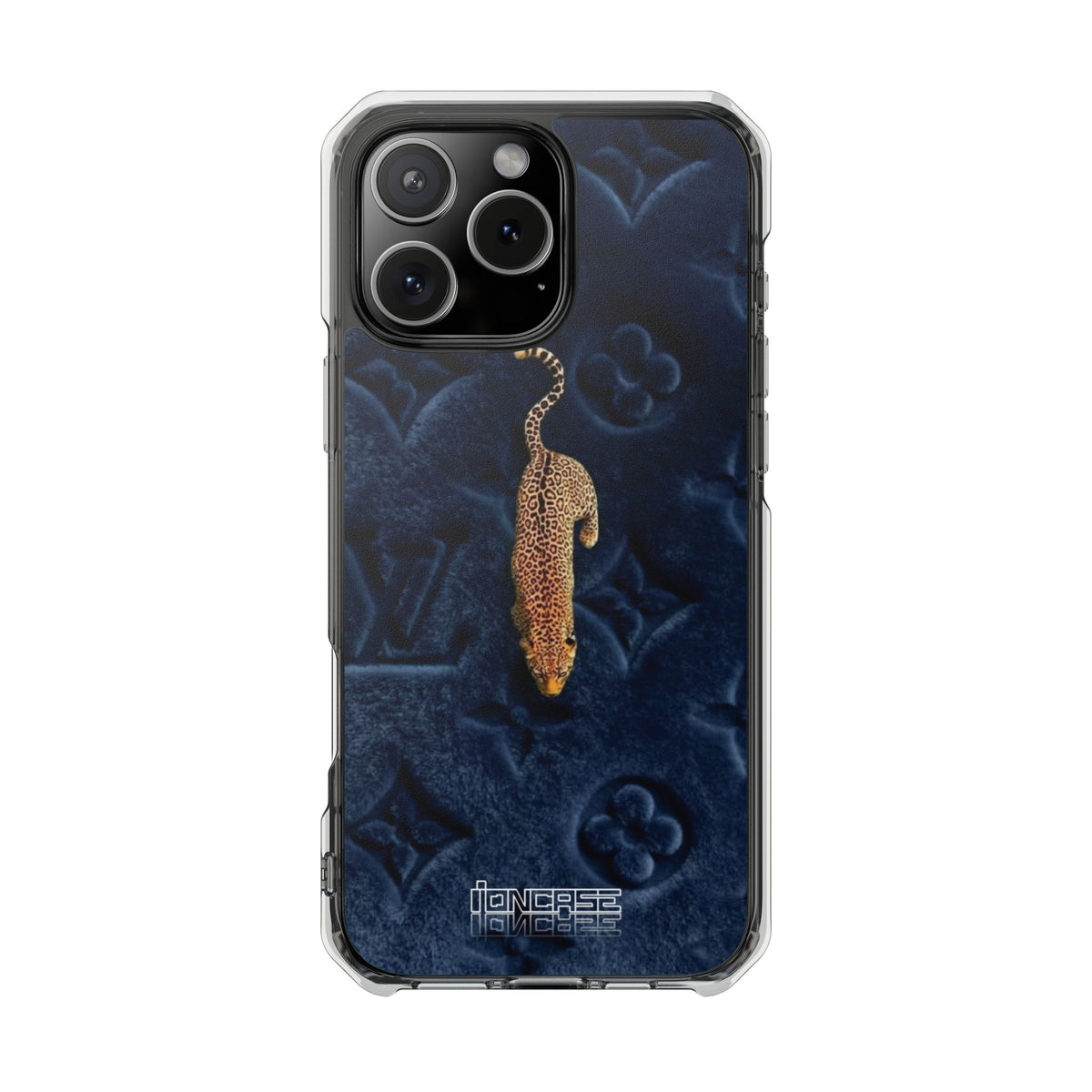 Coque Velours monogrammé bleu avec accent léopard