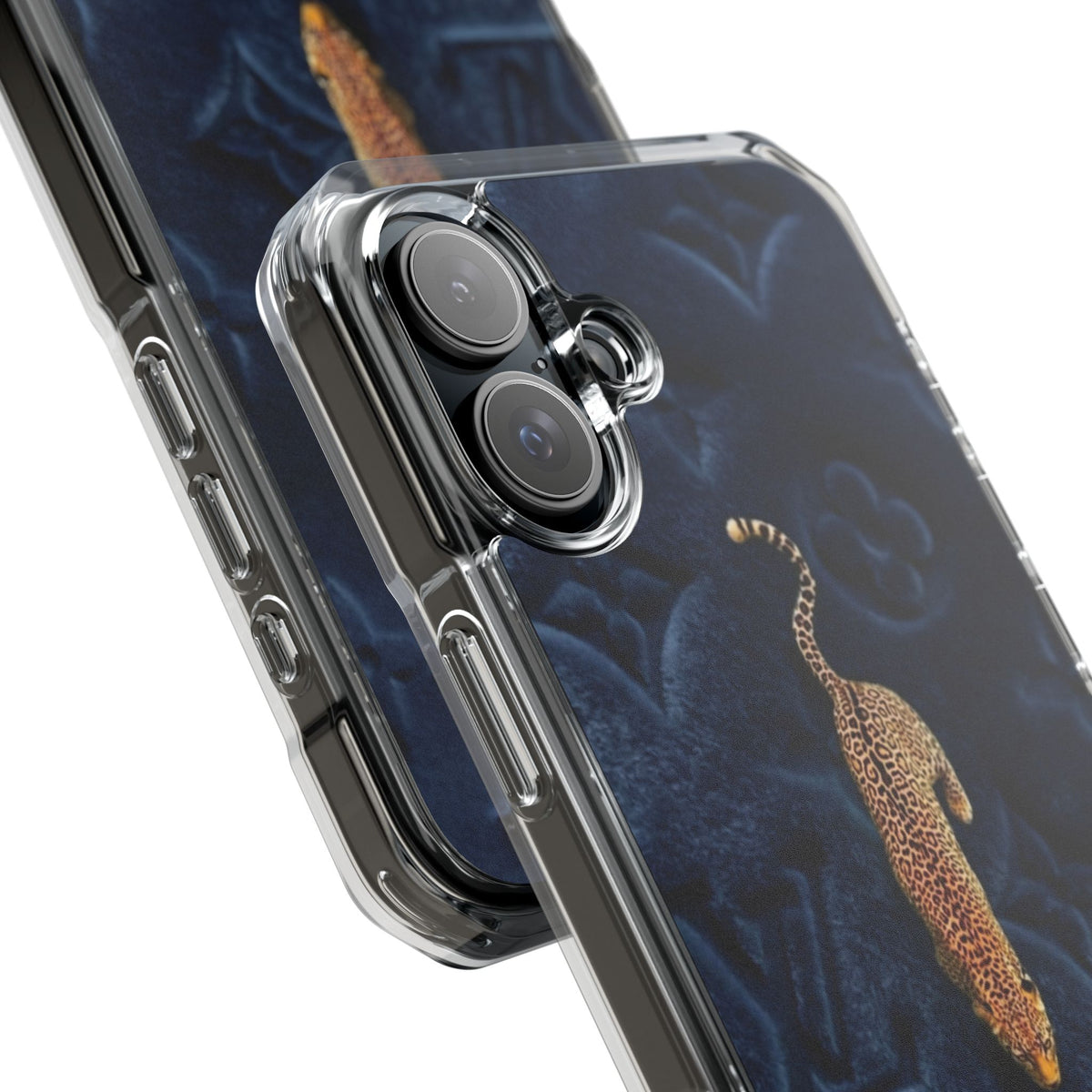 Coque Velours monogrammé bleu avec accent léopard