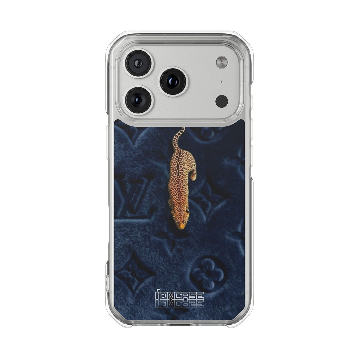 Coque Velours monogrammé bleu avec accent léopard