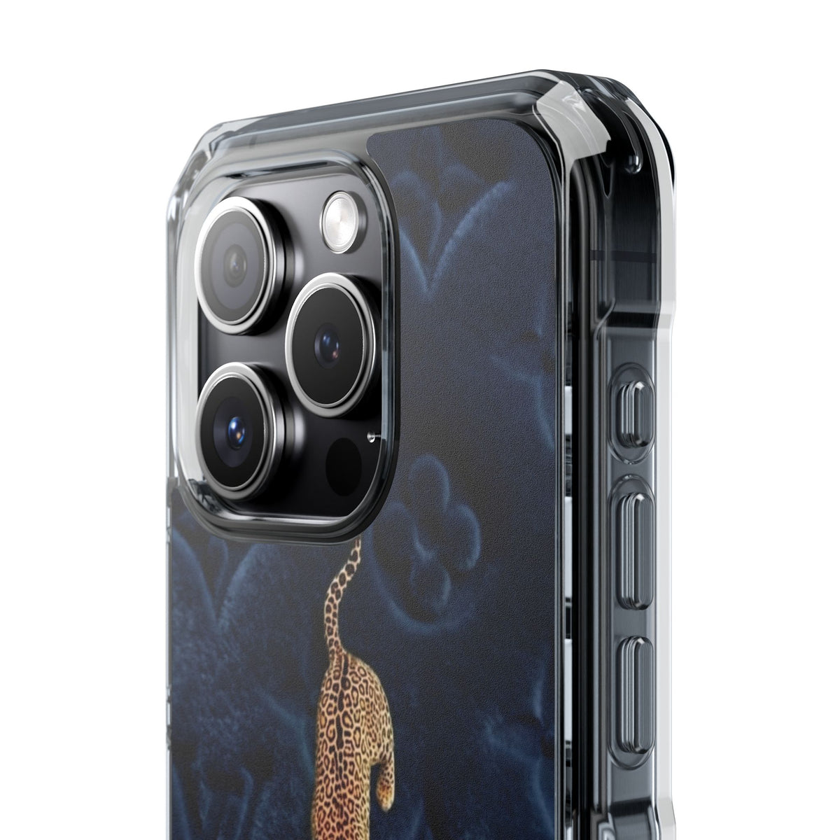 Coque Velours monogrammé bleu avec accent léopard