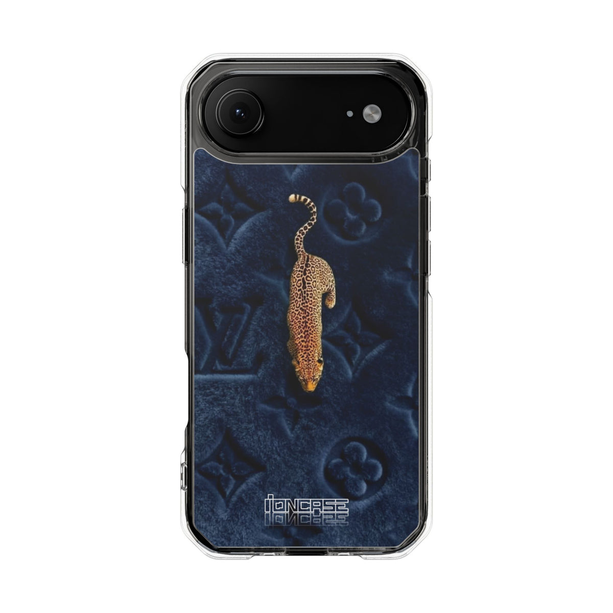 Coque Velours monogrammé bleu avec accent léopard