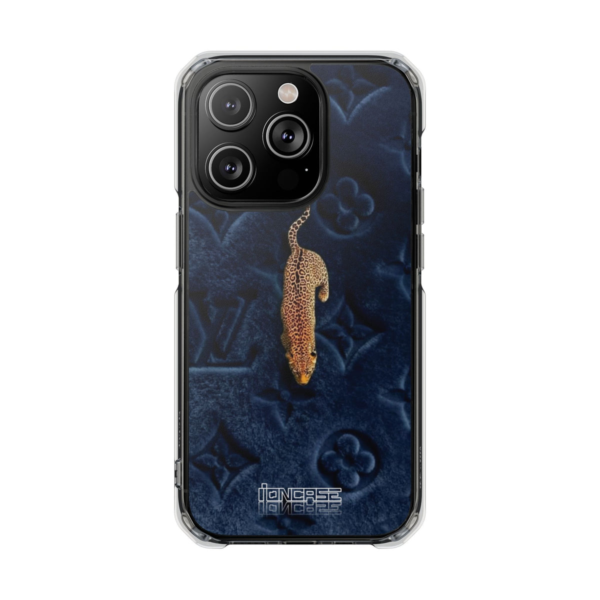 Coque Velours monogrammé bleu avec accent léopard