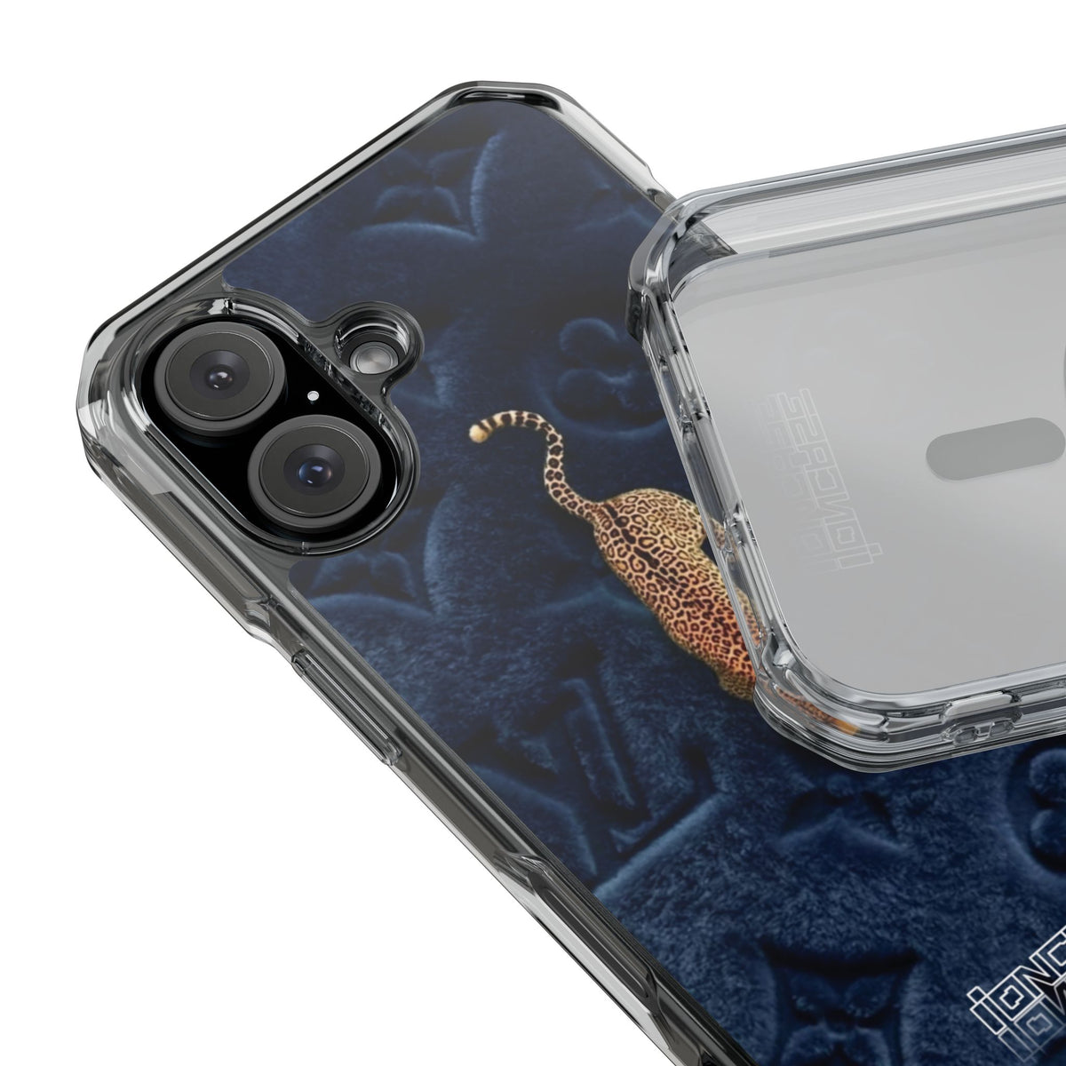 Coque Velours monogrammé bleu avec accent léopard