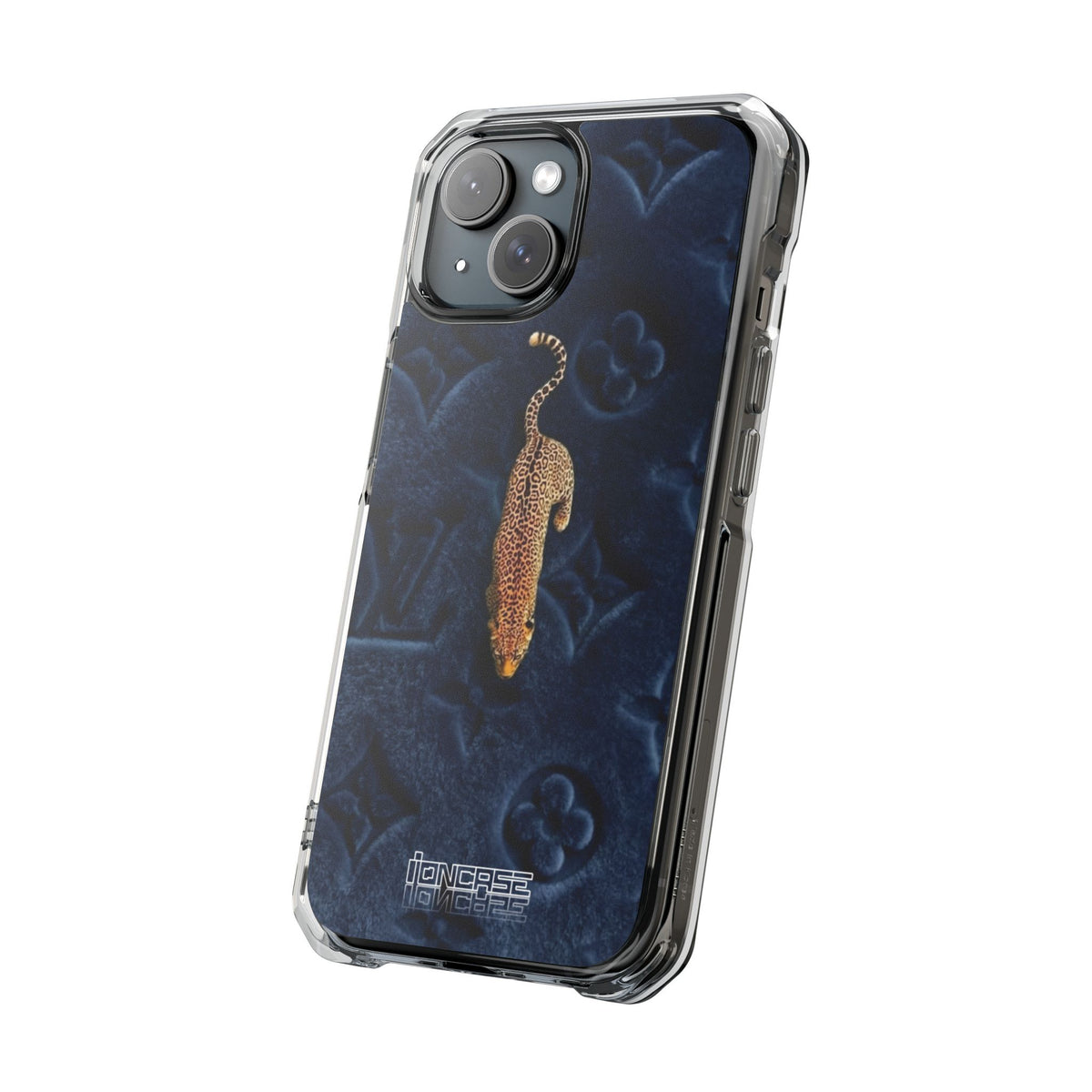 Coque Velours monogrammé bleu avec accent léopard
