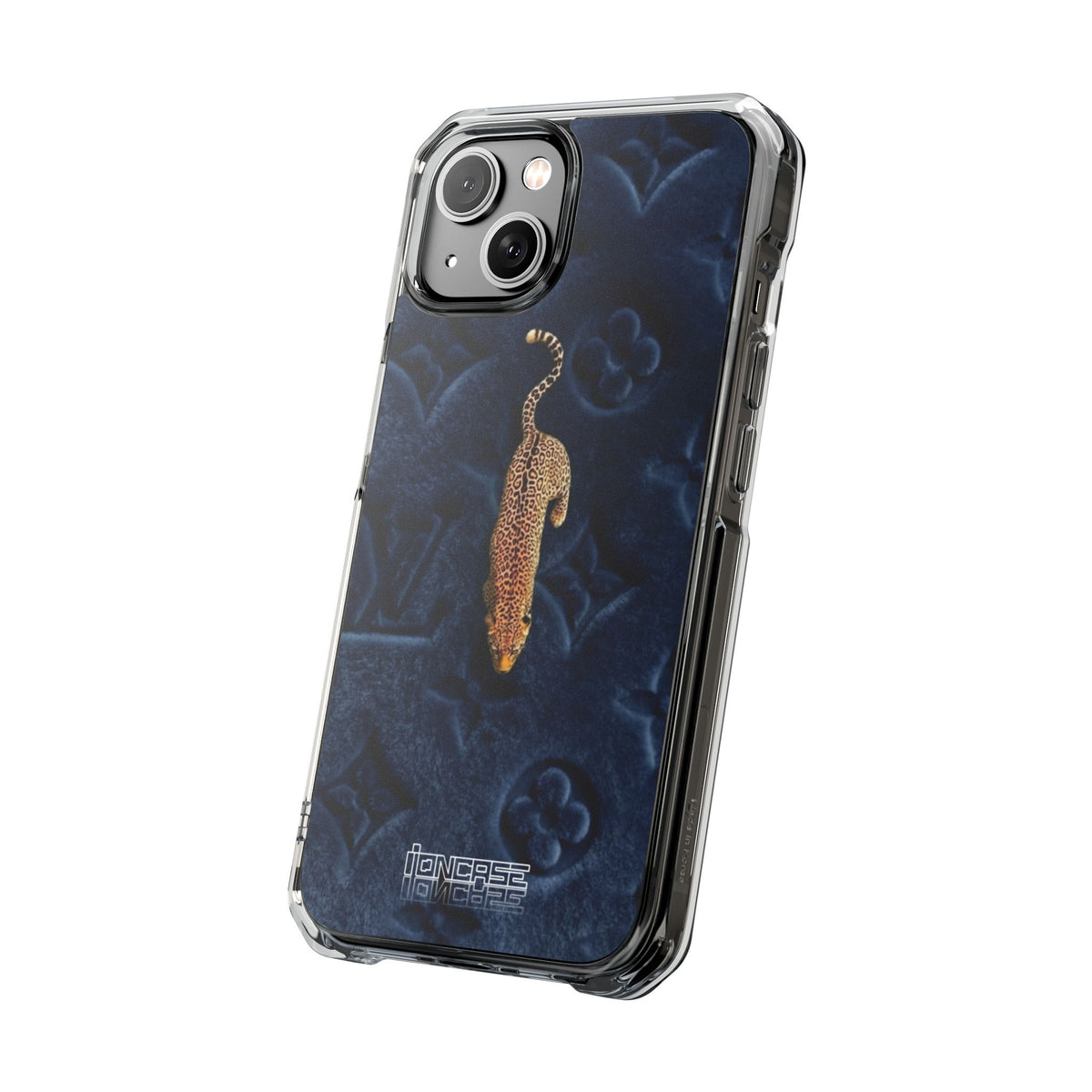 Coque Velours monogrammé bleu avec accent léopard