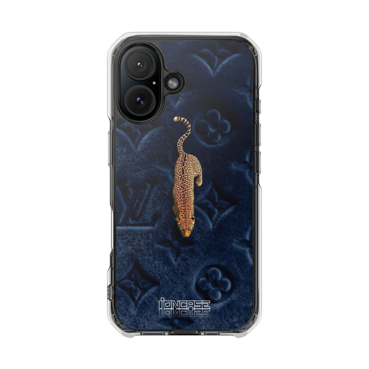 Coque Velours monogrammé bleu avec accent léopard