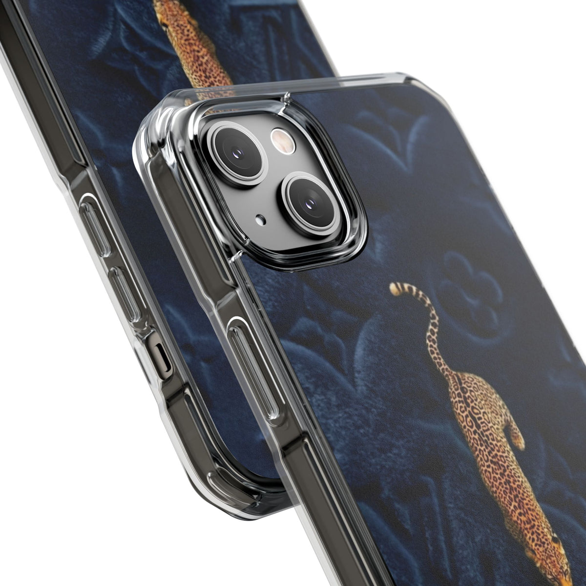 Coque Velours monogrammé bleu avec accent léopard