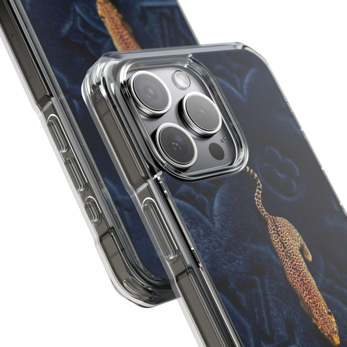 Coque Velours monogrammé bleu avec accent léopard