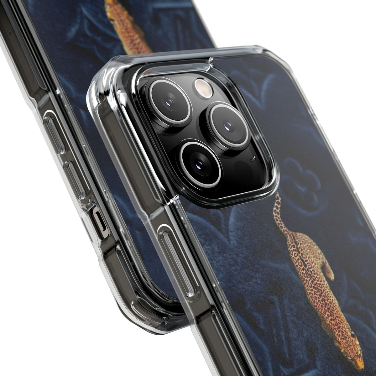 Coque Velours monogrammé bleu avec accent léopard