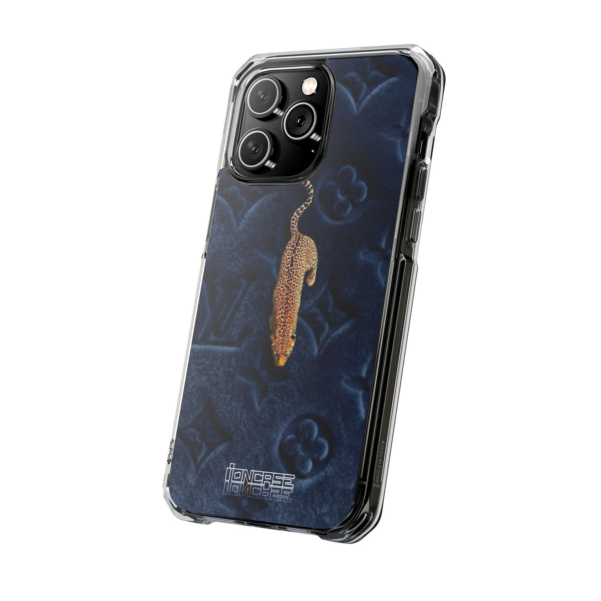 Coque Velours monogrammé bleu avec accent léopard