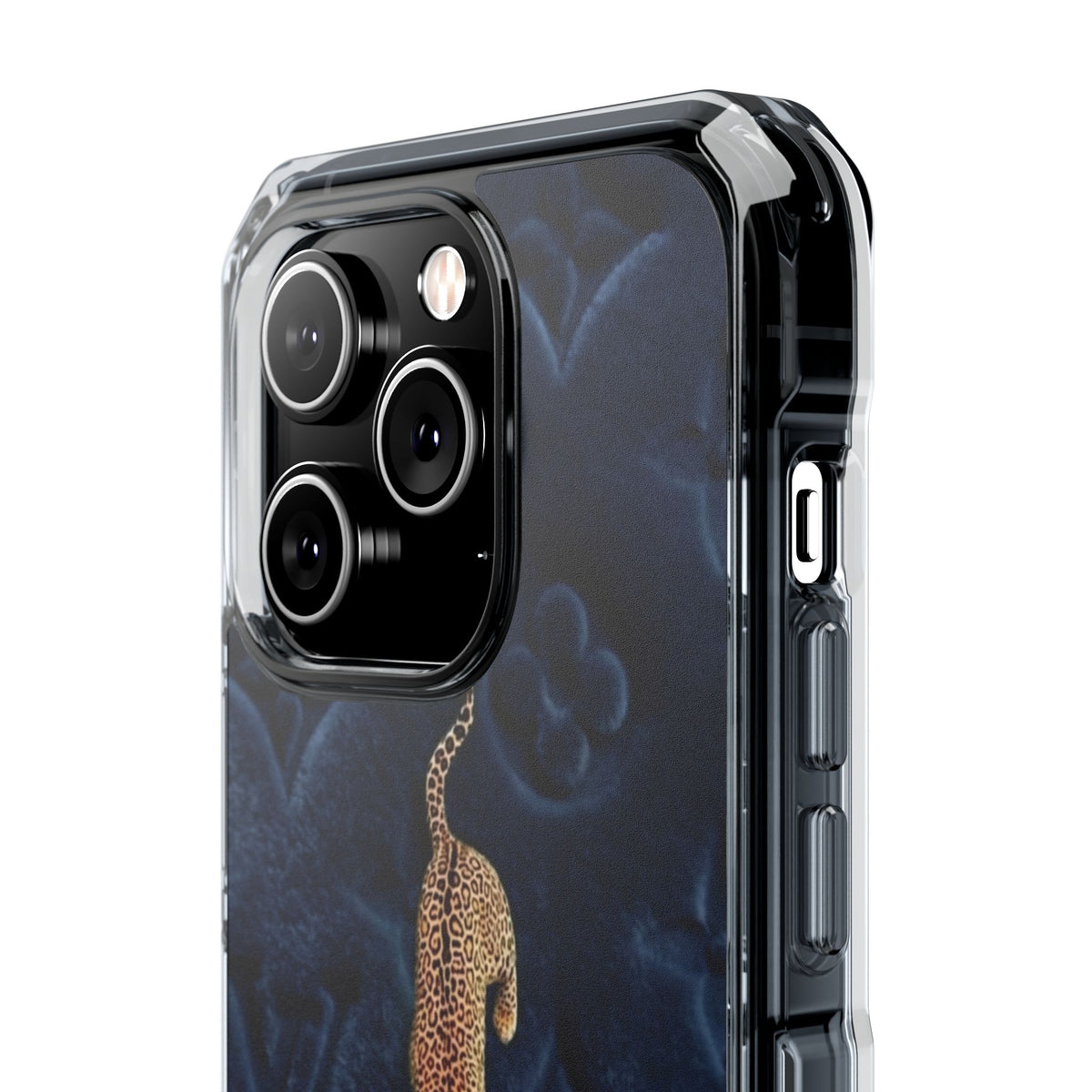 Coque Velours monogrammé bleu avec accent léopard