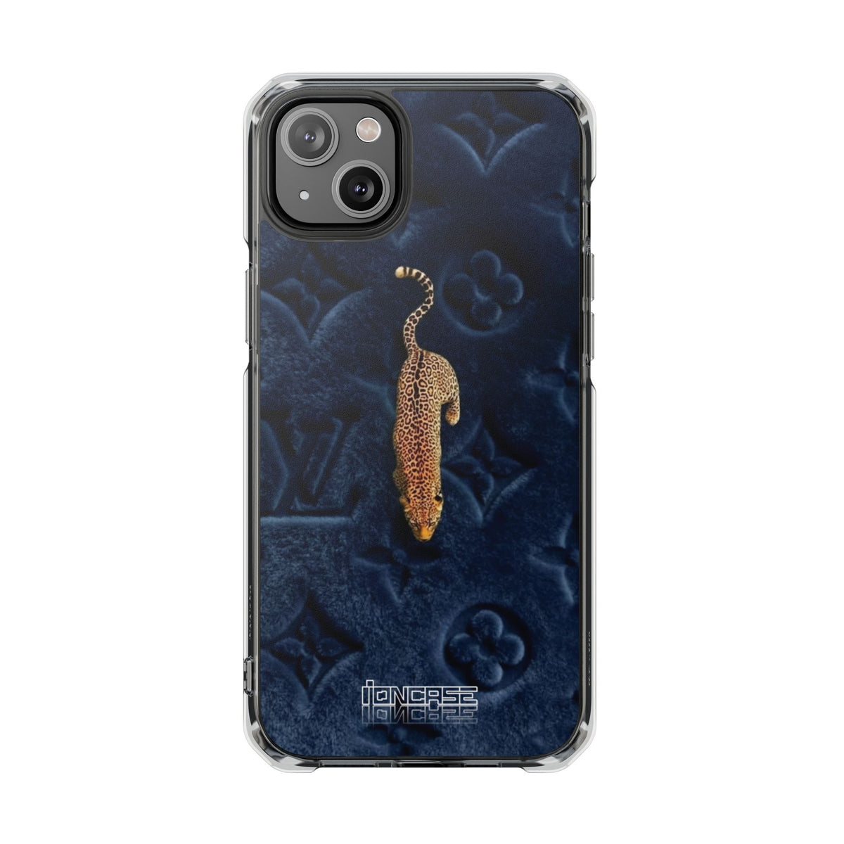 Coque Velours monogrammé bleu avec accent léopard