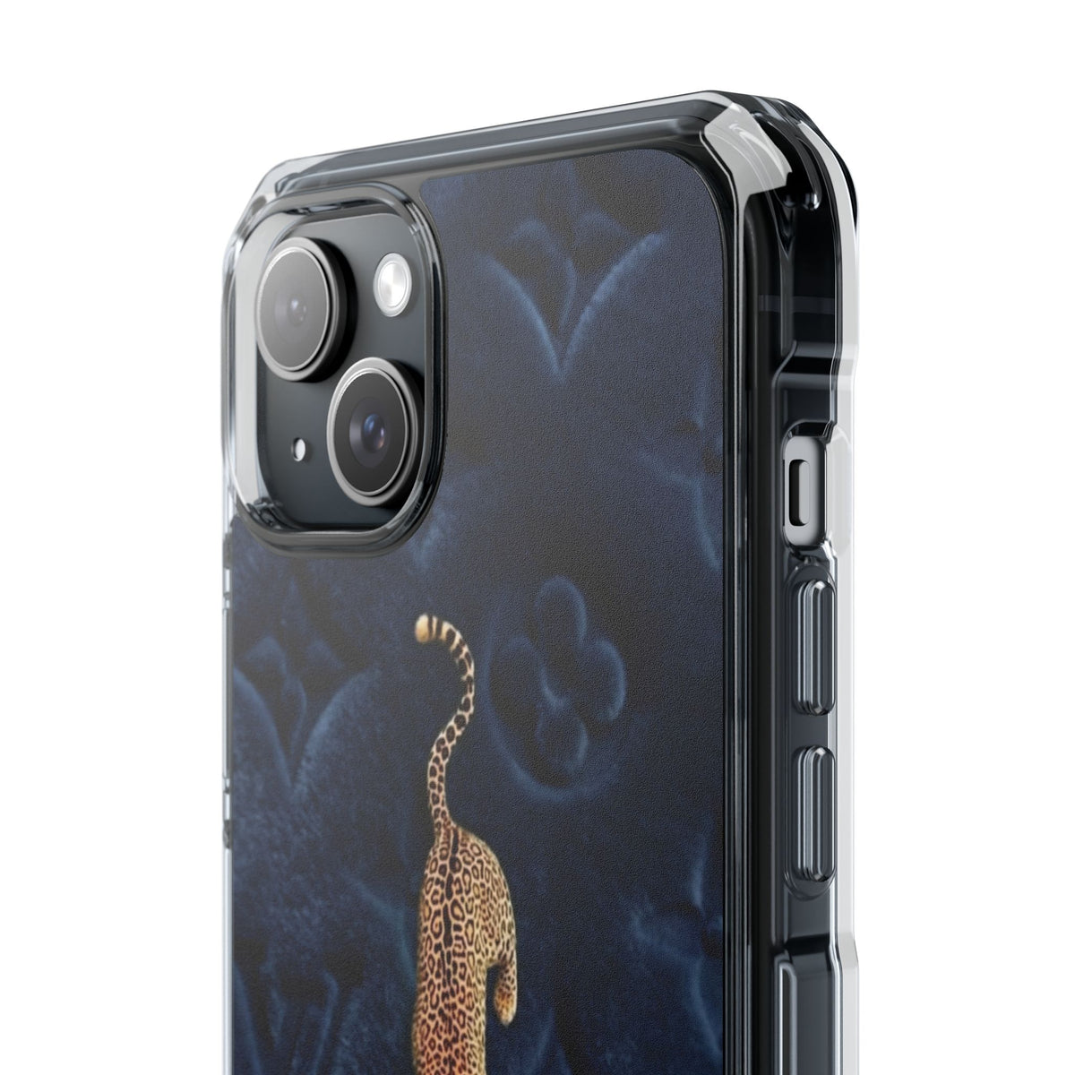 Coque Velours monogrammé bleu avec accent léopard