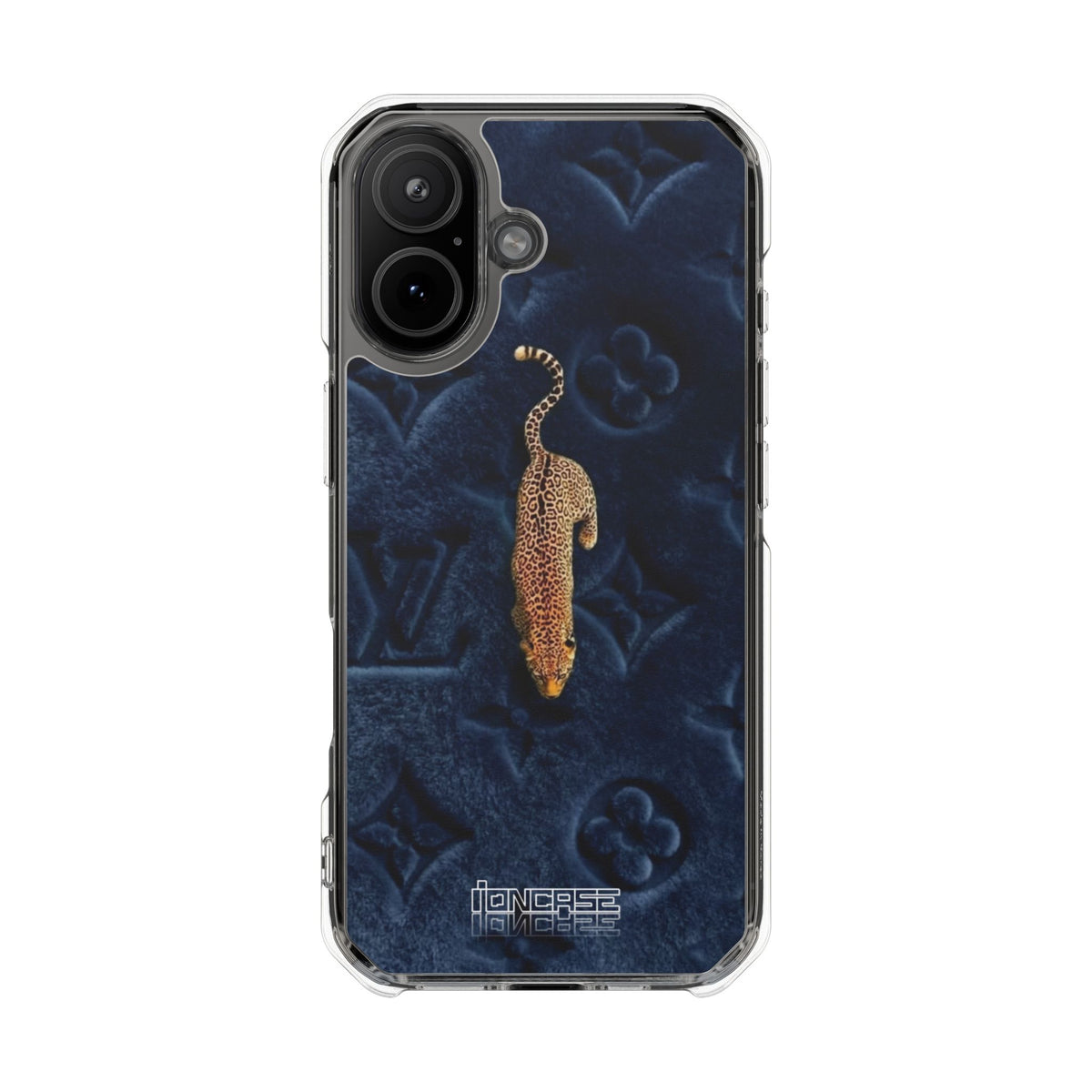 Coque Velours monogrammé bleu avec accent léopard