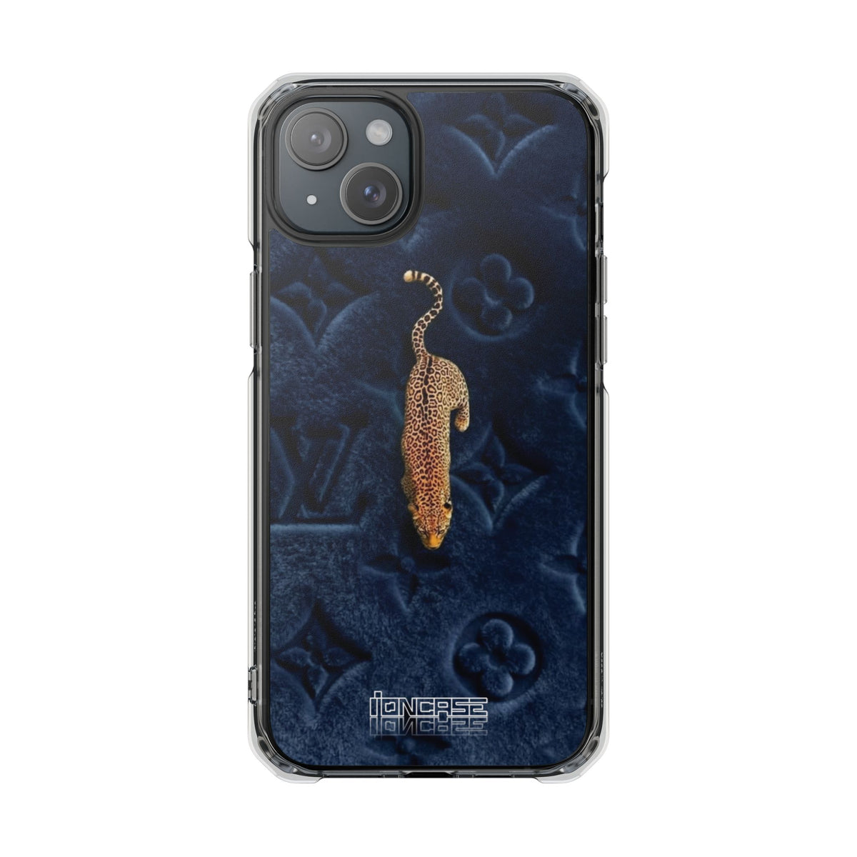 Coque Velours monogrammé bleu avec accent léopard