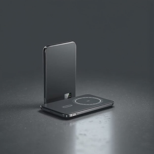 Vue cinématique d'un powerbank compatible MagSafe de 10 000 mAh avec affichage digital